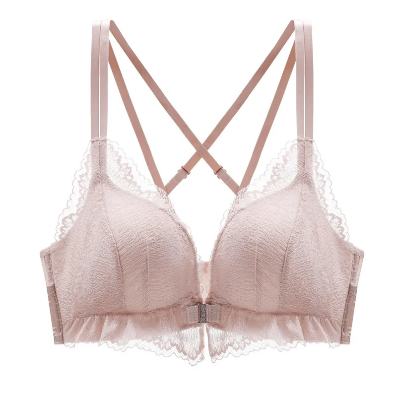 

2021 Sexy Lace Front Buckle Lingerie Bra Womens Wire Free Bralette Cross Back Adjustable Shoulder Strap Push Up Bra