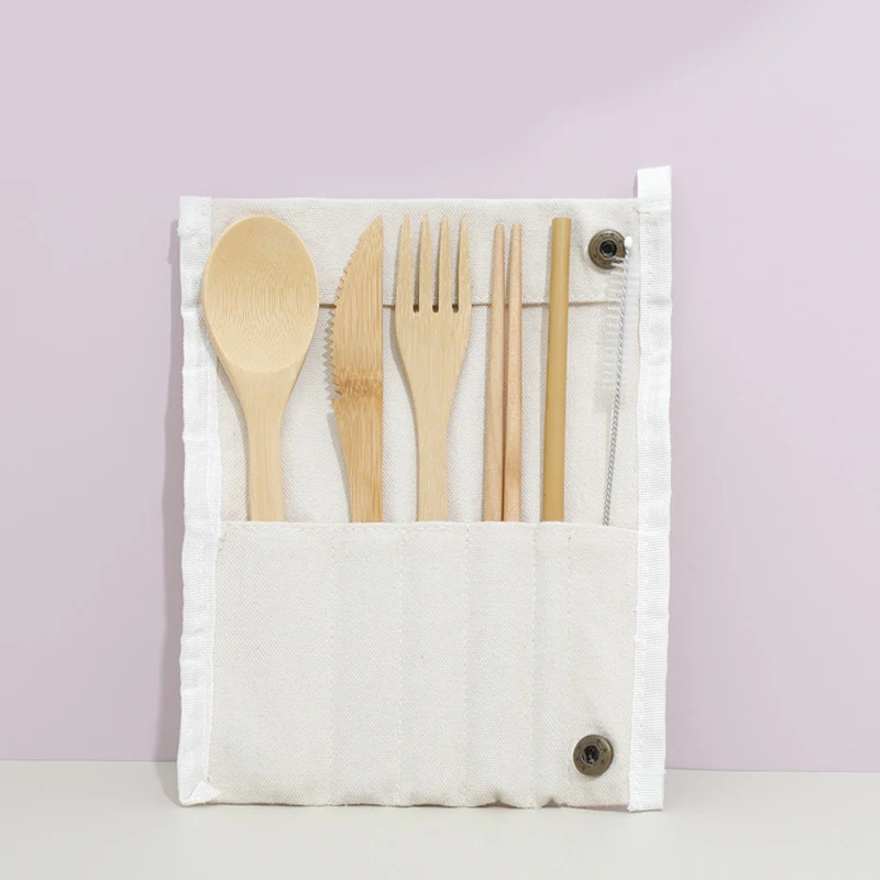 

Reusable Bamboo Flatware Set with Portable Storage bag Cutlery straw Travel outing Lightweight cutlery environmentally cutlery