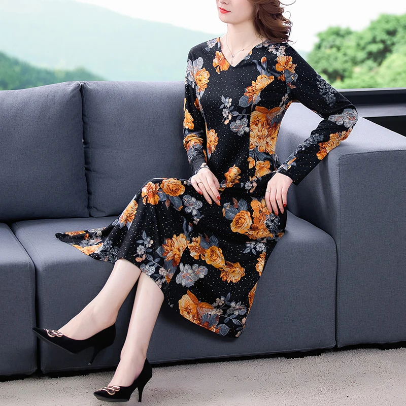 

2022 Spring Yellow Floral Casual Midi Dresses Vintage Print 4XL Plus Size Long Sleeve Dress Women Elegant Bodycon Party Vestidos