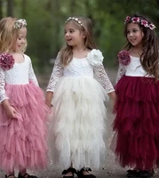 boho ivorypinkburgundy lace flower girls dress with 34 sleeve ruffles tiered ball gown country kids formal party vestidos