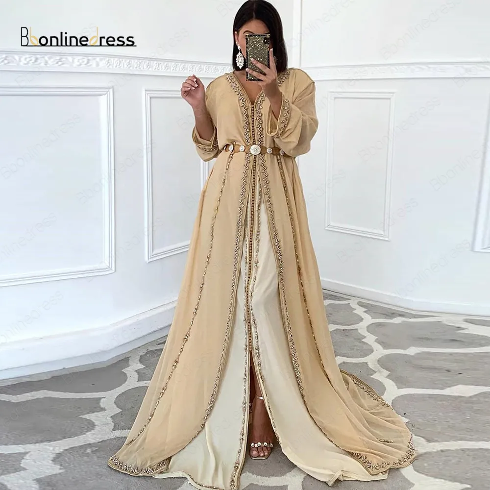 Bbonlinedress Champagne Evening Gowns 2020 Crystal Beading Moroccan Caftan Dress Plus Size Customize Women abiti da cerimo | Свадьбы и