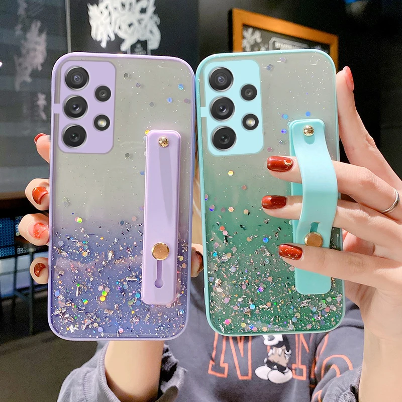 

For OPPO Realme 8 7 Pro 7i C17 C15 C12 C11 C20 C21 C25 C3 C2 U1 Realme 5 5i 6i 5S 2 Shiny Sequins Wrist Strap Stand Holder Case