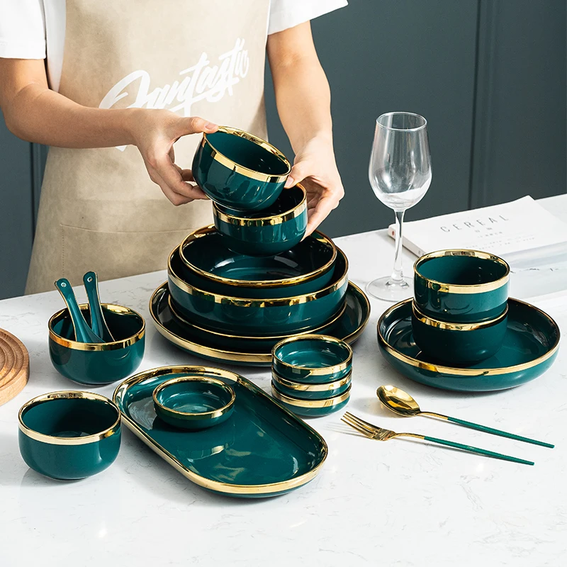 

29PCS 4/6 Person Use Tableware Set Ceramic Plates and Bowls Set Green Dinnerware Set Dishes Salad Bowl for Restaurant Hotel