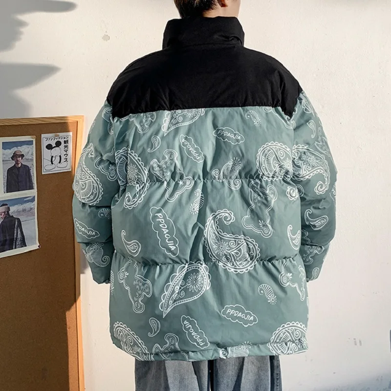 Large Size Male Cashew Flower Bear Print Loose Cotton Jacket 2021 Color Matching Stand-up Collar Warm Jacket Winter Coat