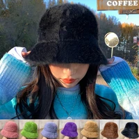 2021 fashion artificial rabbit fur bucket hats autumn winter women warm thickened fisherman hat panama plush basin hat lady cap