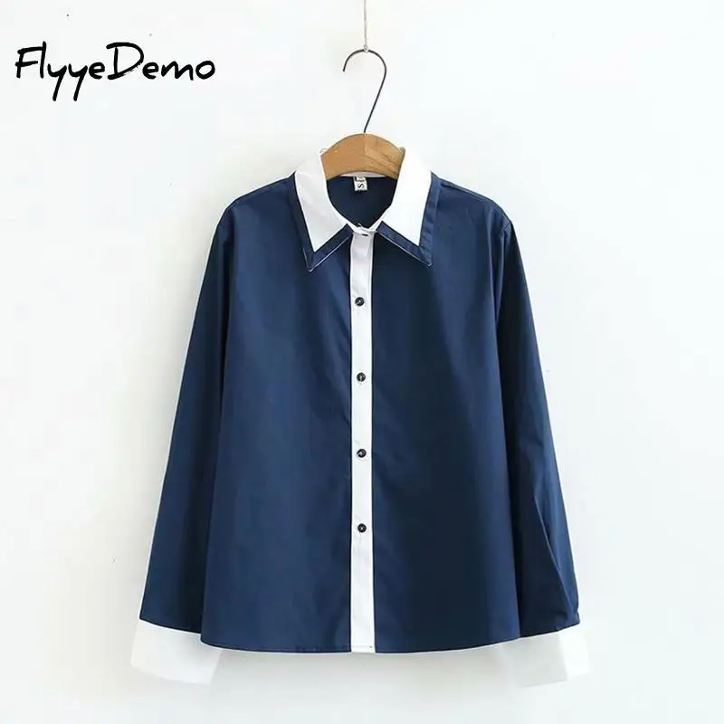 

Solid Shirts Women Turn Down Neck Full Sleeve Vintage Top White Blue Checkered Beautiful Blouse Fashion Button Up Oversize