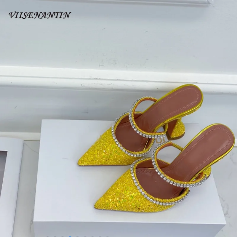 

Spring and summer glitter luxury rhinestone sequins pointed high heel slippers women ladies sexy mules for banquet women