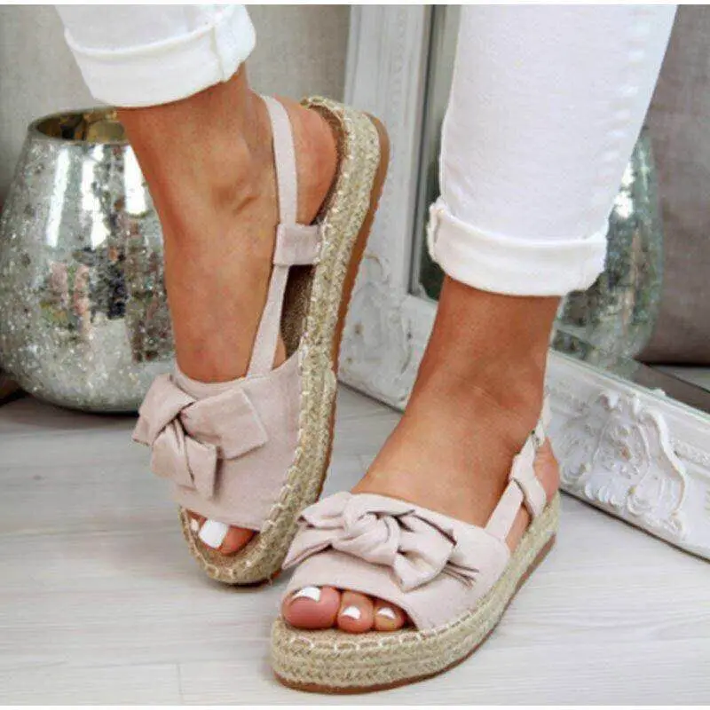 

2020 Shoes Flats Shoes Woman Peep Toe Sandalia Feminina Bowknot Shoes Casual Platform Buckle Strap Hemp Flock Sandals