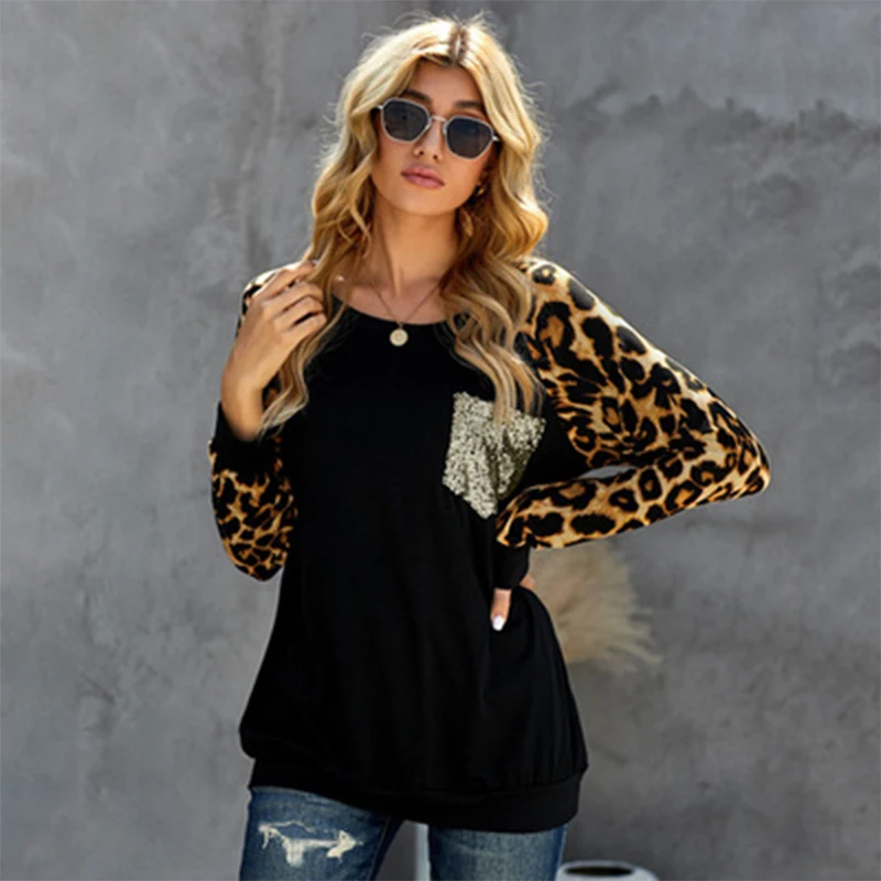 

New long sleeve pocket leopard sleeve round neck fashion blouse women.