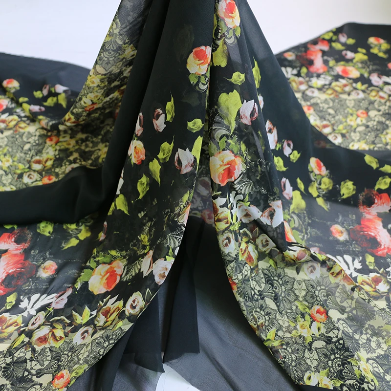 100 см * 138 роза ткань для шарфа Женский шифон Джордж прозрачный черный|Ткань| |