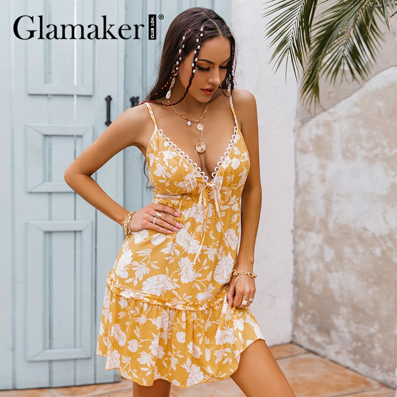 

Glamaker Sleeveless sexy floral printed summer mini dress V neck Cotton A-line ruffle yellow holiday beach dress Summer vestidos