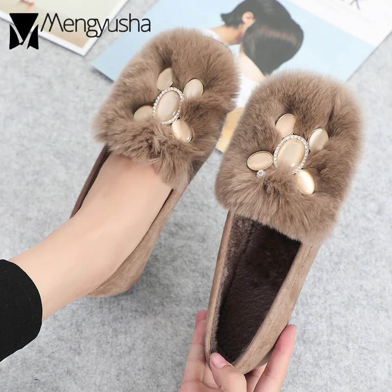 Зимняя обувь Обувь с натуральным мехом кролика Женские из флиса на плоской
