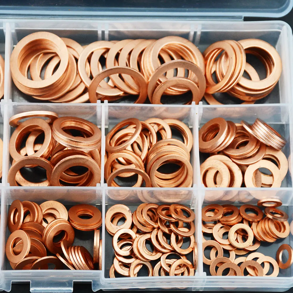 

300PCS/BOX M5-M20 Copper Washer Gasket Nut and Bolt Set Flat Ring Seal Assortment Kit For Sump Plugs Water M6 M8 M10 M12 M14 M16