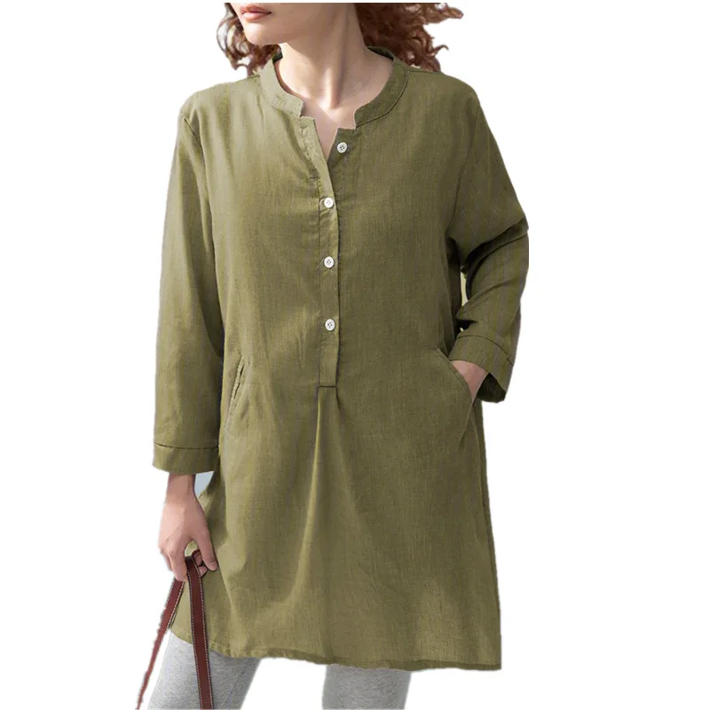 

2021 Spring And Autumn Retro New Large Size Women's Stand Collar Long Sleeve Loose Fashion Mid-length Shirt Chiffon Button