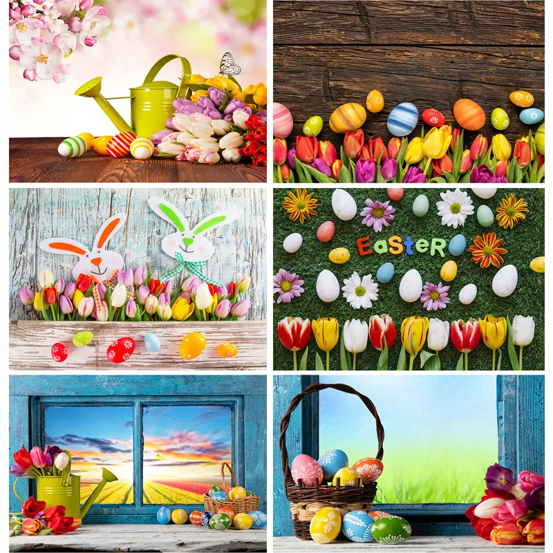 

SHENGYONGBAO Spring Easter Photography Backdrop Rabbit Flowers Eggs Wood Board Photo Background Studio Props 210322CAW-01