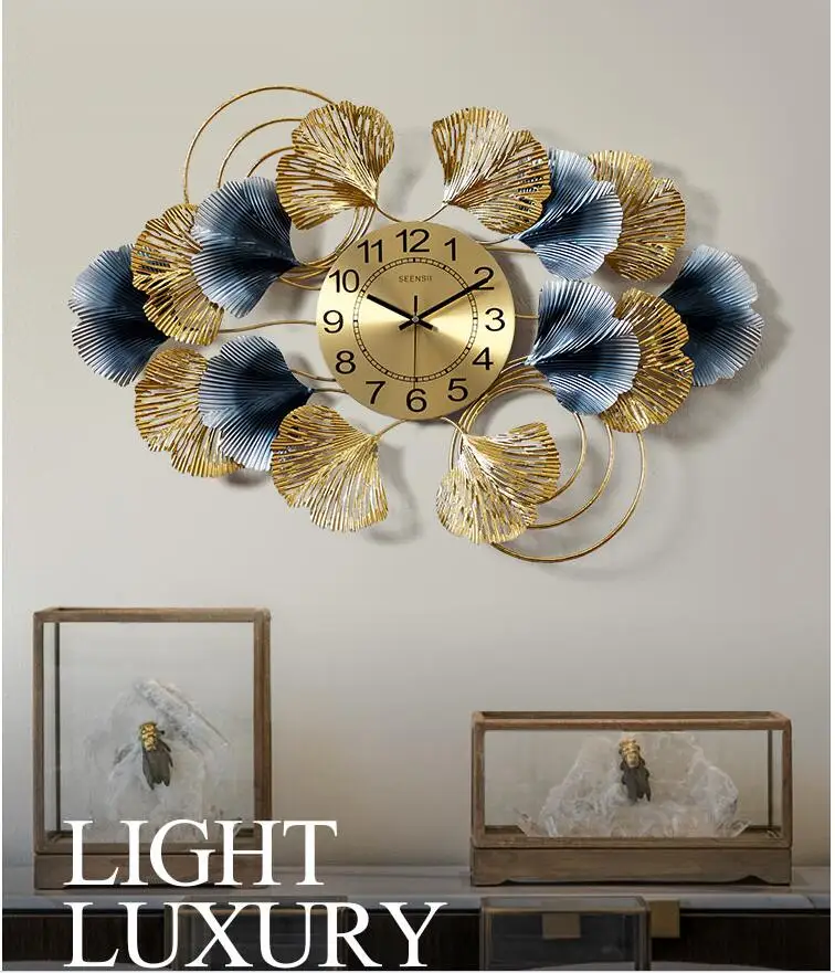 Chinese Ginkgo Leaf Wrought Iron Wall Clock Hanging Decoration Home Livingroom Mural Crafts Hotel 3D sticker | Дом и сад