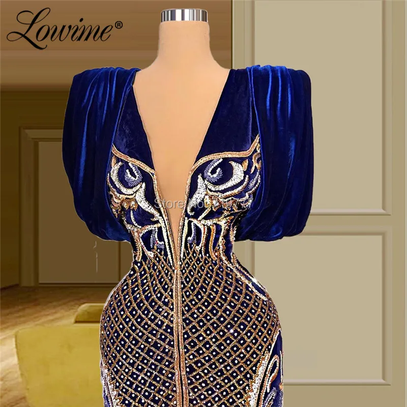 Dubai Design Royal Blue Velour Floor Length Formal Evening Dresses Middle East Women Mermaid Embroidery V Neck Arabic Party Gown