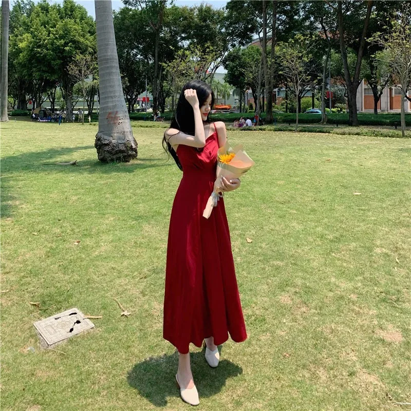 

QWEEK Mori Girl Ladies Dresses for Women Red Slip Long Dress Women 2021 Summer Sundresses Vintage Elegant Backless Sexy Dress