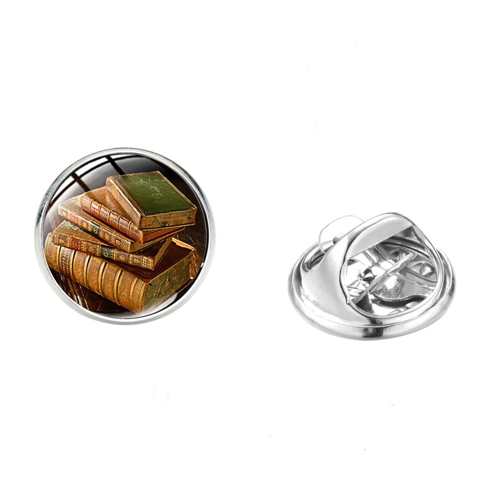 Classic Old Books Series Bookworm Badges Library 3D Print Glass Round Brooch Pins Learning Gift for Teacher Student | Украшения и