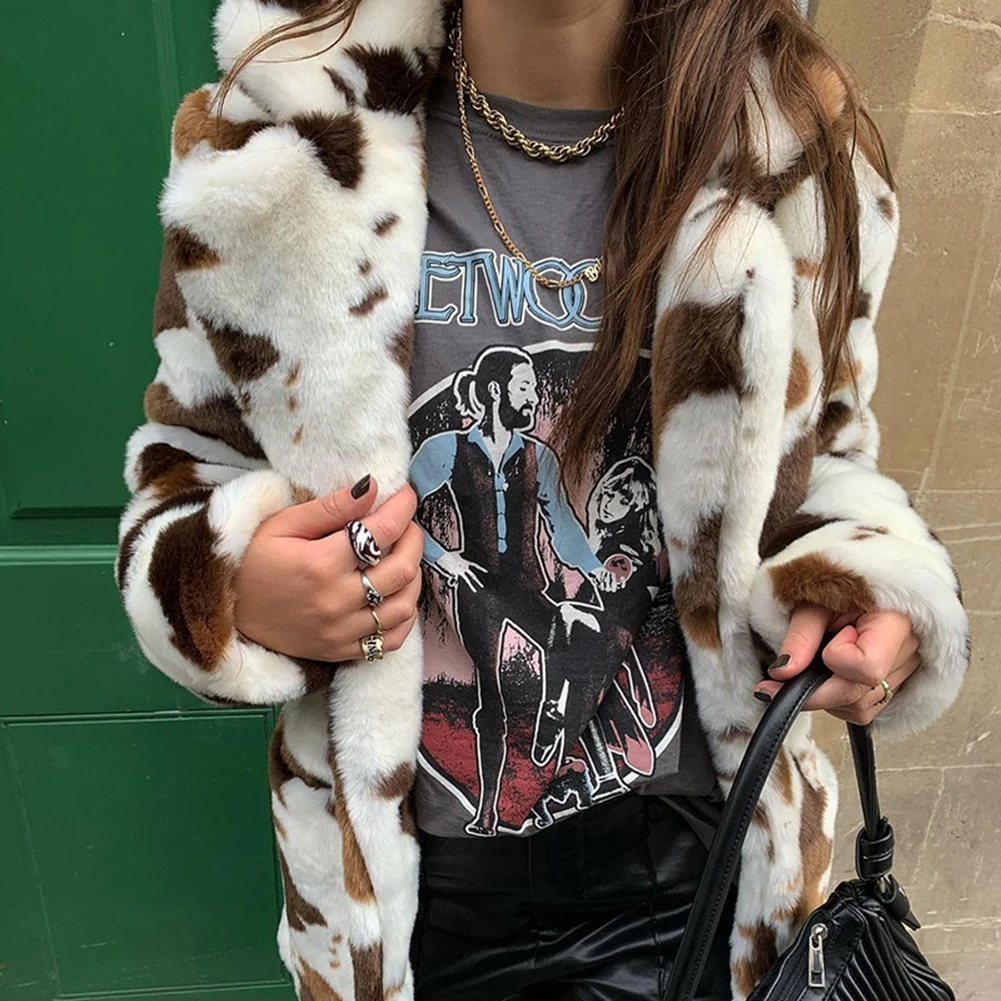 

2020 Autumn Winter Print Faux Fur Coat Women Casual Loose Bear Teddy Jacket Female Fashion Turn Down Collar Overcoat