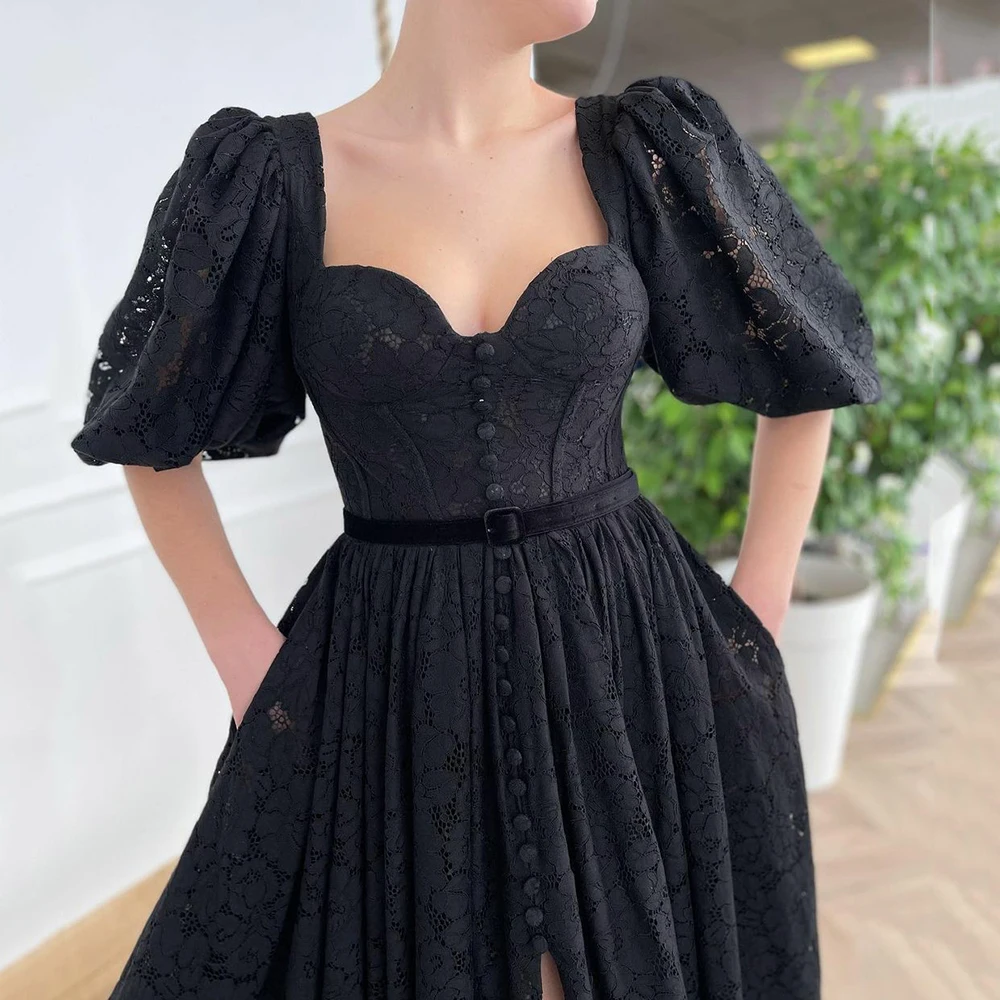 Купи UZN A-Line Black Lace Floor Length Prom Dress With Pockets Sweetheart Short Puffy Sleeves Evening Gowns Saudi Arabia Party Dress за 5,753 рублей в магазине AliExpress