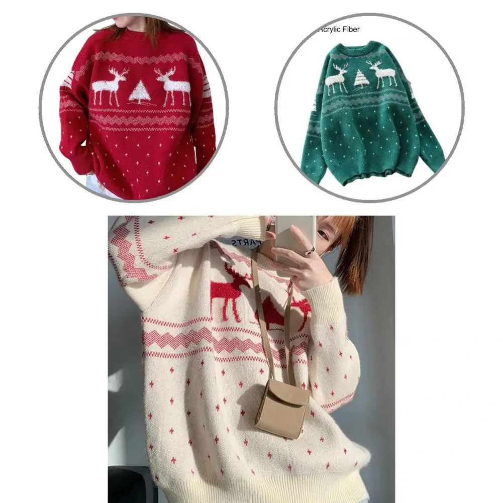 

Useful Knitted Sweater Loose Fit All Match Snowflake Print Festive Xmas Sweater Christmas Sweater Pullover Sweater