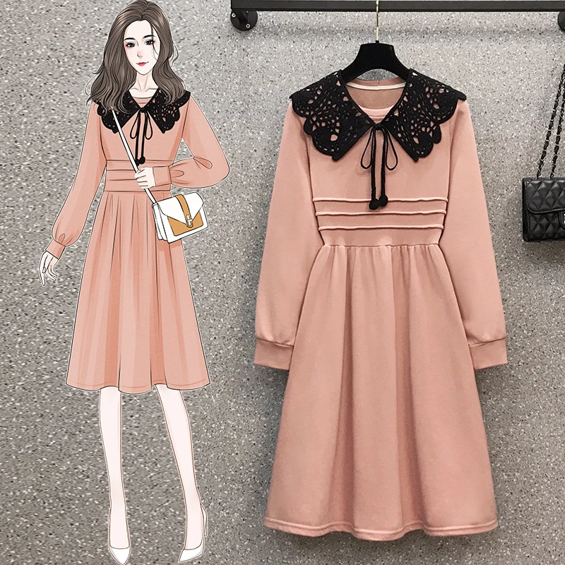 

4XL Plus Size Women Cotton Casual Dress Spring 2021 Lace Crochet Peter Pan Collar Patchwork Long Sleeve A-Line Dresses Pink