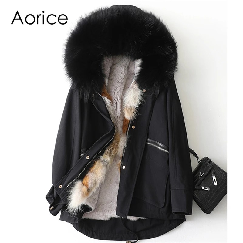 

Aorice Women Real Fox Fur Collar Coat Jacket Female Rex Rabbit Liner Long Parka Trench A41623