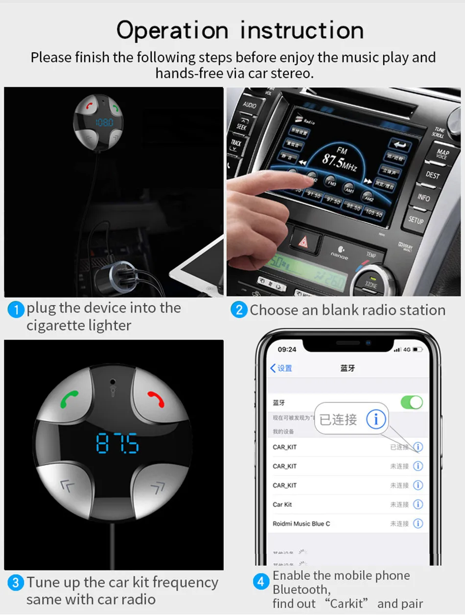 USB быстрое автомобильное зарядное устройство Bluetooth приемник Магнитный fm-передатчик модулятор Автомобильный AUX беспроводной радио адаптер MP3 плеер и микрофон