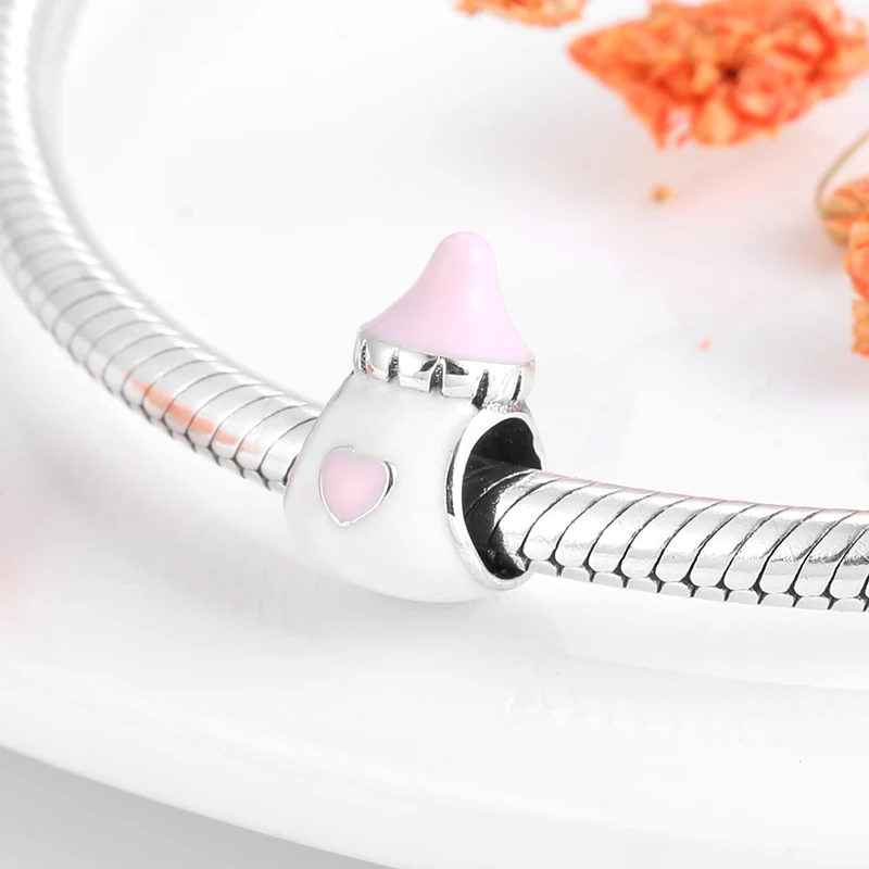 Аутентичные Подвески-бусины в виде Детской бутылки серебристые и розовые