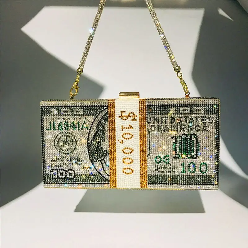Creative Fashion New Money Clutch Rhinestone Purse 10000 Dollars Stack Bags of Cash Evening Handbags Shoulder Wedding Dinner Bag
