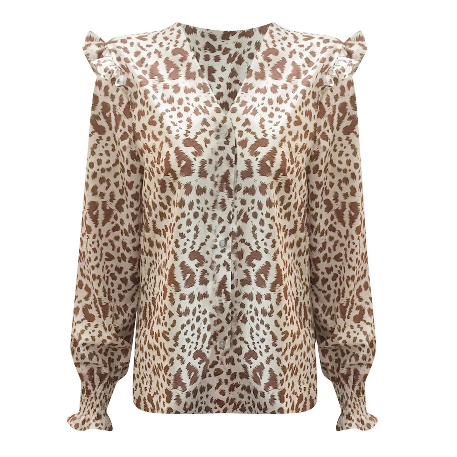 

Casual All-Match Leopard Print Ruffle Blouse Shirt Autumn Winter Long Sleeve Women Shirts Elegant Office Lady V-Neck Button Tops