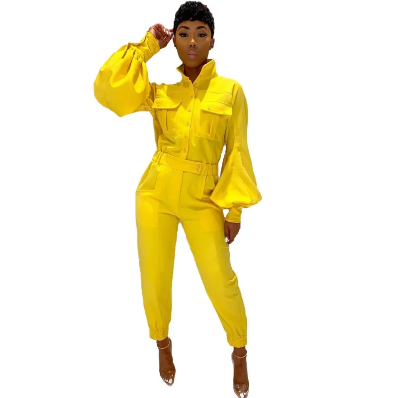 

2020 Autumn Winter New Jumpsuits Women Lantern Sleeve Turn Down Collar Pocket Rompers Fashion Casual Solid Yellow Loose Overalls