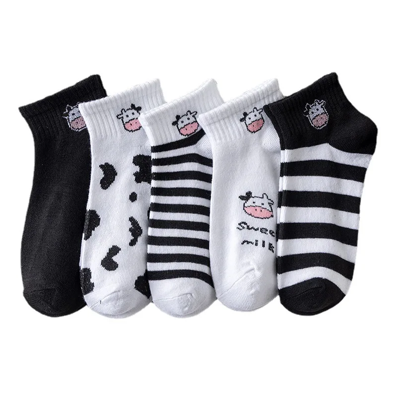 

5 Pair Cow Printing Socks Women Kawaii Calcetines Summer Cute Breathable White Socks Set Stripe Soft Street Sokken Chaussettes