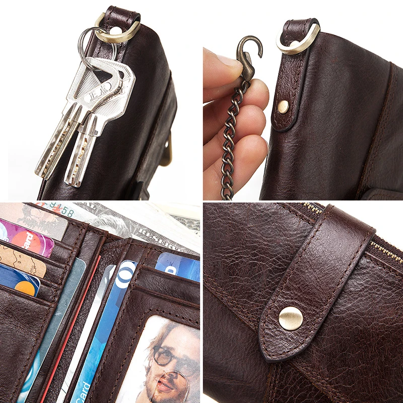 

KAVIS 100% Genuine Leather Rfid Wallets Men Blue Chain Coin Purse Male Cuzdan Small Male Money Bag Card Holder Small Portomonee