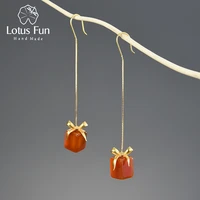 lotus fun natural red agate stone unusual christmas gift box long dangle earrings for women 925 sterling silver jewelry 2021