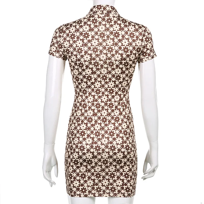 

WEPBEL Dress Women's Fashion Floral Print Slim Dress Summer Sexy Short Sleeve Turn-down Collar High Waist Mini Dress