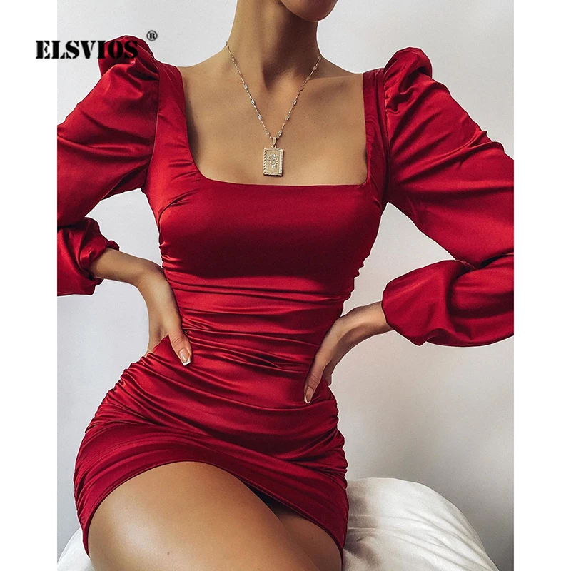 

Sexy Slim Square Collar Mini Dress Zipper Shirring Folds Long Sleeve Buttocks Dress Autumn Women New Elegant Solid Party Dresses