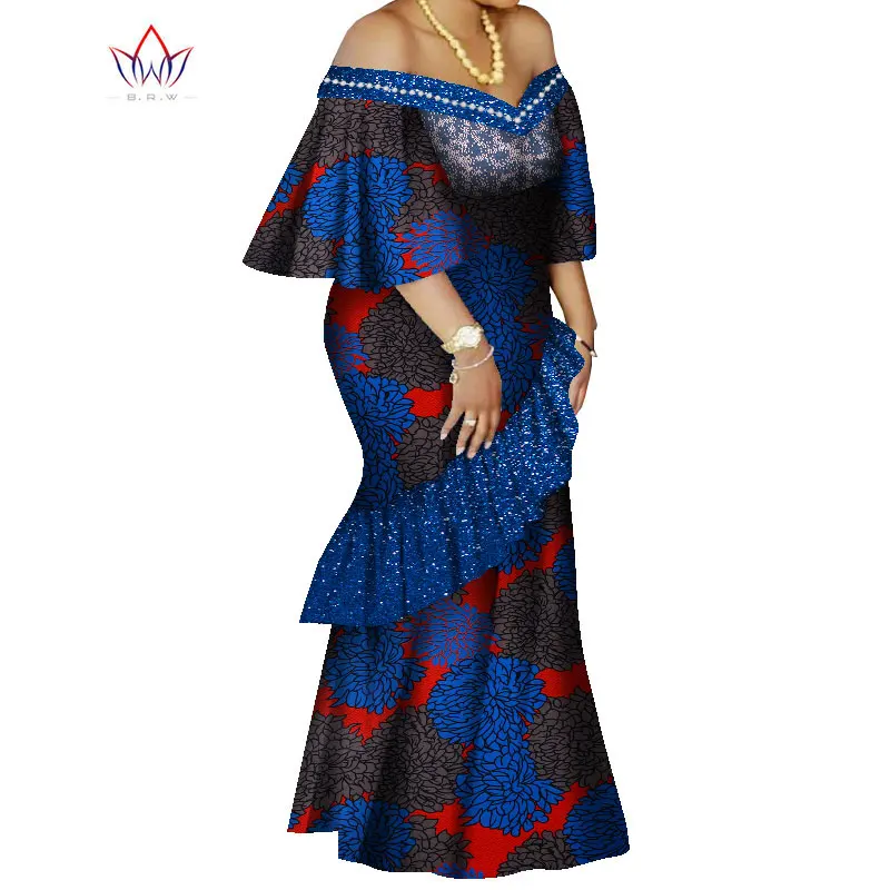 BRW African Maxi Dress Bazin Riche Sequined Pearls Print Wax Long Dresses Off Sshoulder Plus Size 6XL Africa Clothing WY8207