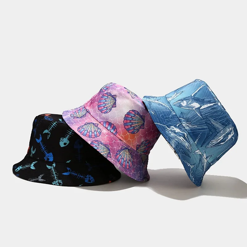 The new 2021 sea animal print double-sided fisherman cap female summer tidal basinand American creative cartoon hat Panama | Аксессуары