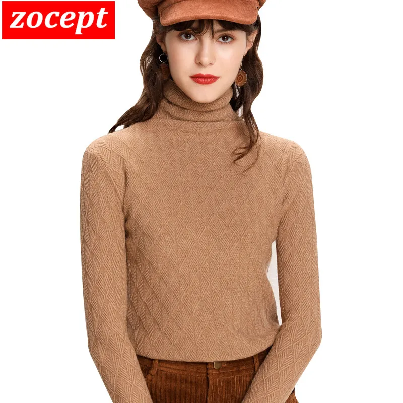 zocept winter fashion women Geometry pattern knit sweater turtleneck long sleeve slim dark camel black soft pullover ZO-06