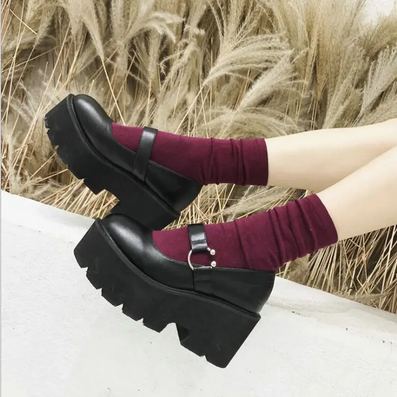 

girls Mary Janes flat Platform Buckle punk leather Shallow shoes High heel retro student round toe ladies Wedges shoes A64-39