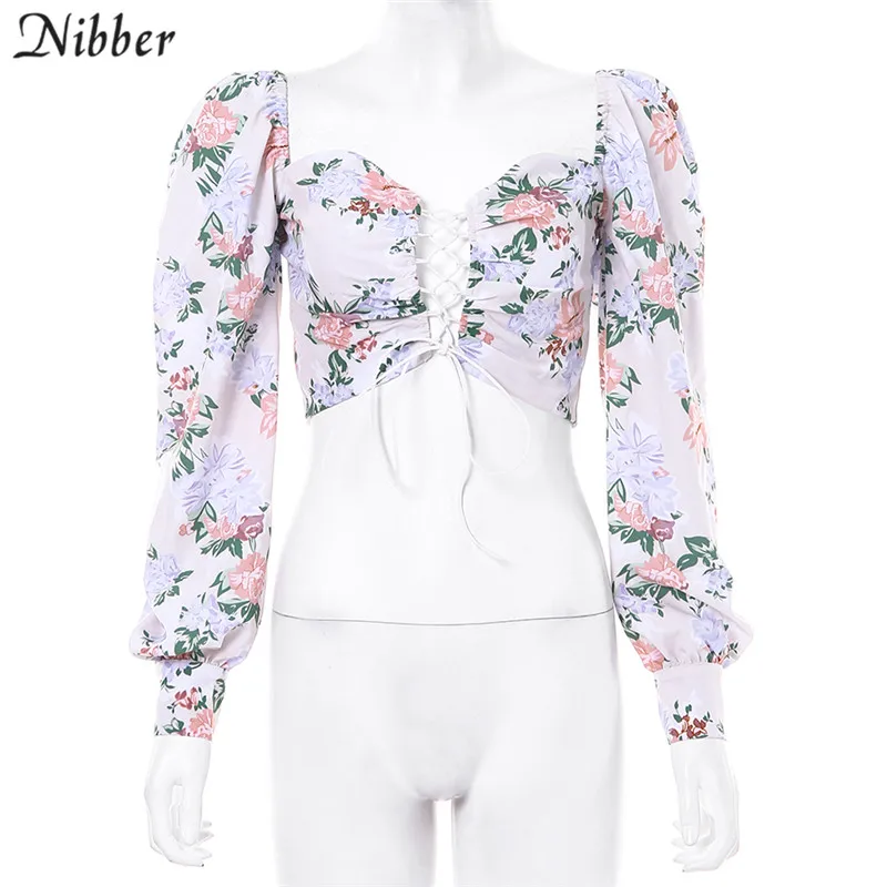Nibber французский романтик Элегантный boho кроп Топы женские T-shirt2019 осень зима длинный рукав Богемия Низкий вырез повседневные футболки mujer