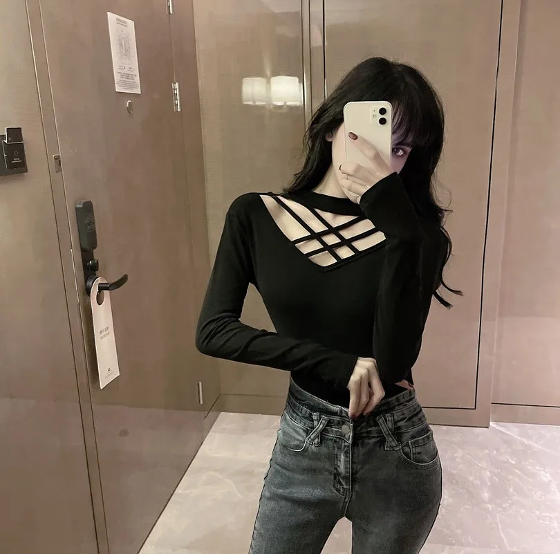 

2021 Women Slim Full Sleeve Sexy Halter V-neck Tee Shirts Lady Stretchy Soft Tops T-shirts For Girls Autumn Spring