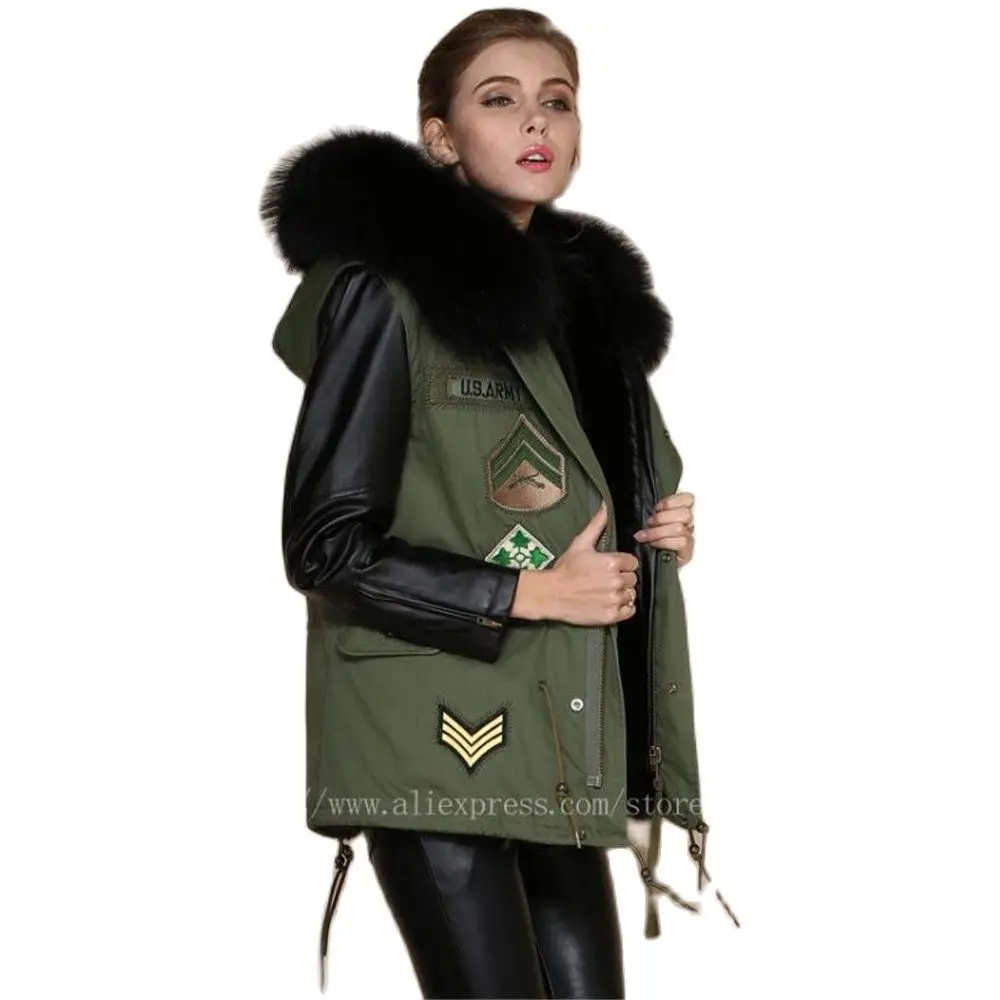 Top women's real raccoon large fur coat Full lining of black faux Army Green mr mrs Jackets Leather Unisex | Женская одежда