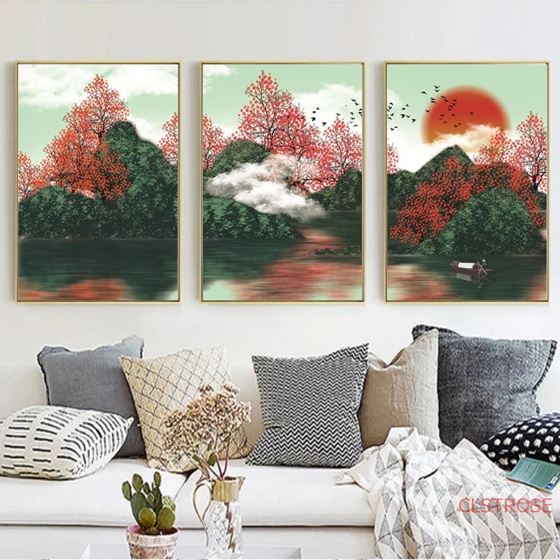 Абстрактный постер в китайском стиле Зеленая гора озеро красный лес пейзаж