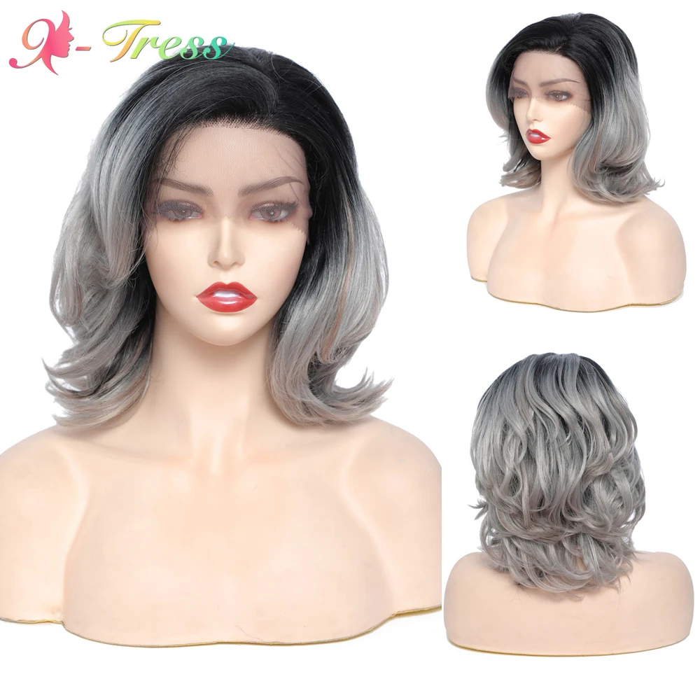 

X-TRESS Short Bob Wig Ombre Gray Synthetic Lace Wigs for White Black Women Free Part Feathered Loose Wavy Lovely Cosplay Wigs