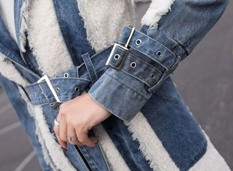 TWOTWINSTYLE Hit Color Patchwork Denim Tassel Trench Coats For Women Lapel Collar High Waist Sashes Windbreakers Autumn New