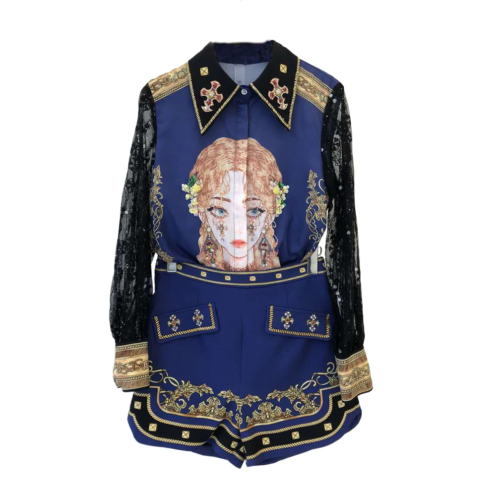 

AELESEEN Runway Fashion 2 Pieces Sets High Quality Beading Diamonds Girls Print Blouse+Shorts Elegant Casual New Year Sets