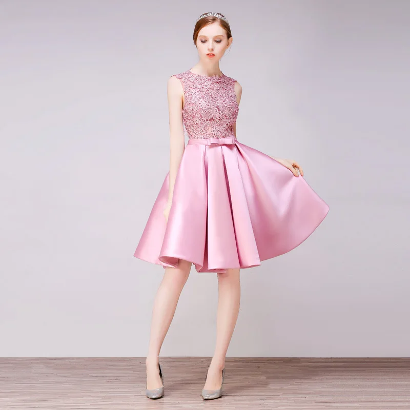 

Women's O neck sleeveless embroidery lace satin evening party dress short grey pink formal prom wedding party dress dropshipping